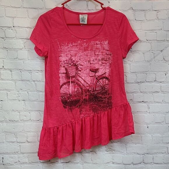 Paris Bike Hot Pink Burnout Tee Ruffled Hem 🚲 Bicycle Print Women's Knit Top - Picture 4 of 9
